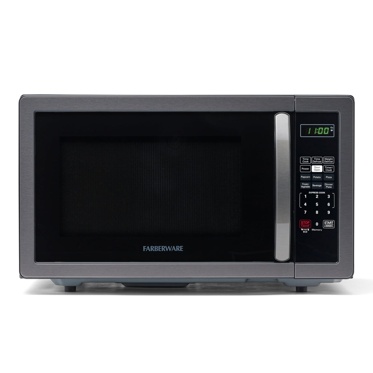 Farberware microwave front view showing compact countertop design for small kitchens and offices.