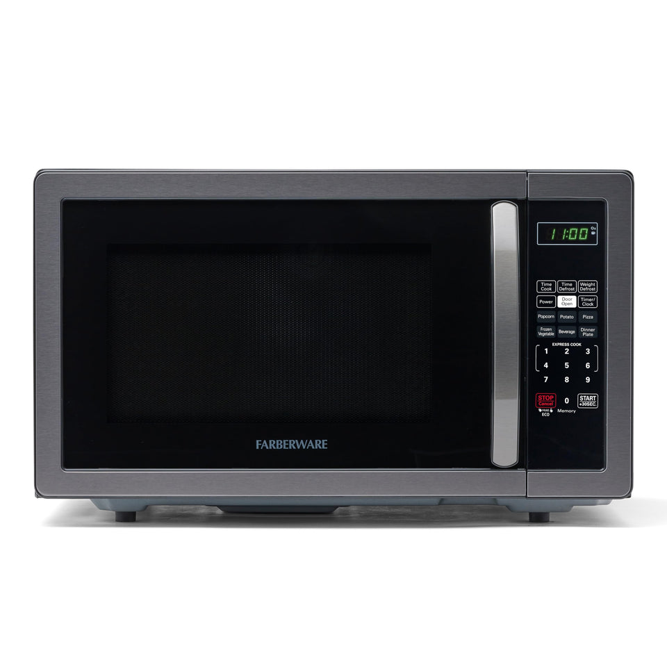 Farberware microwave front view showing compact countertop design for small kitchens and offices.