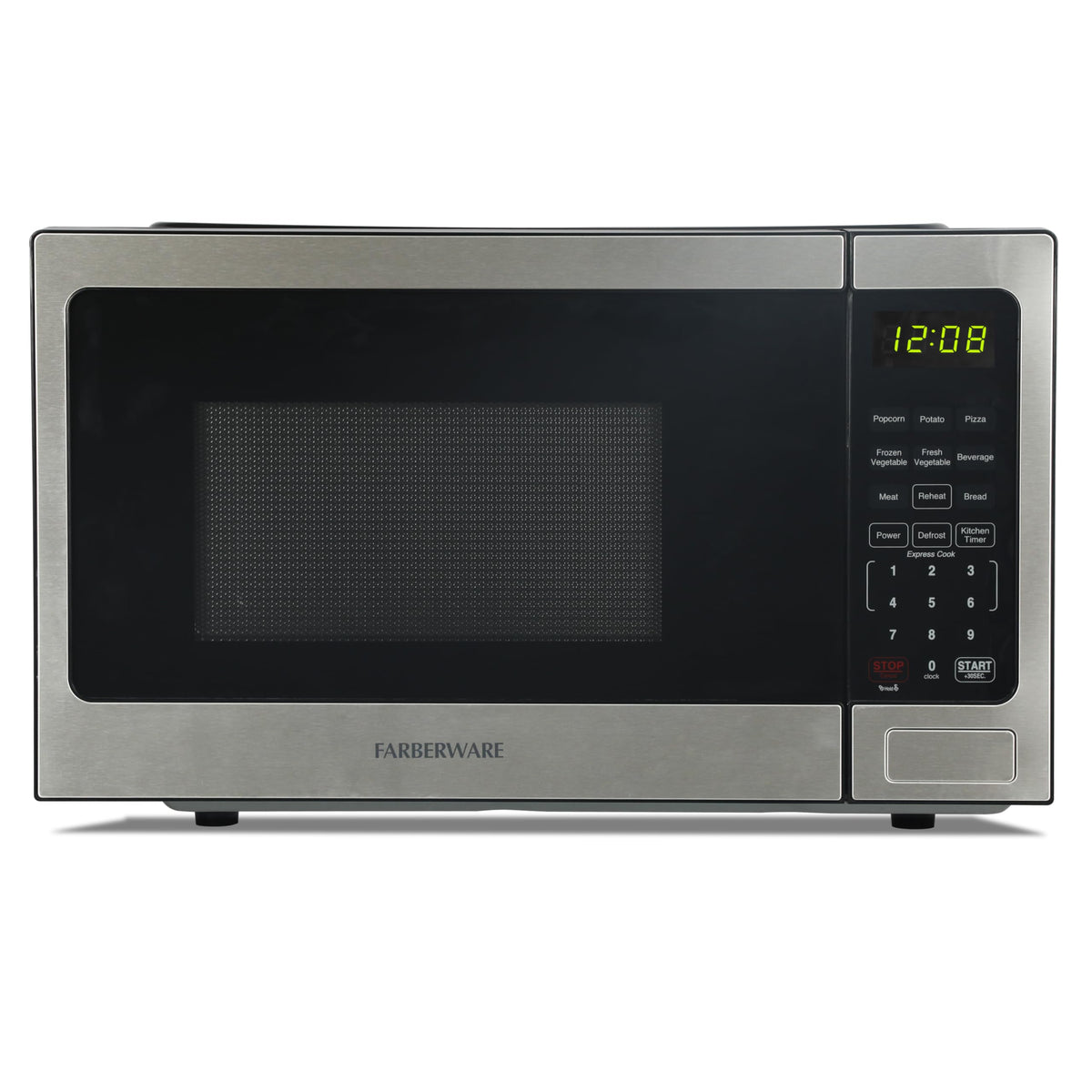 Farberware microwave front view in stainless steel, ideal for small kitchens and dorm rooms