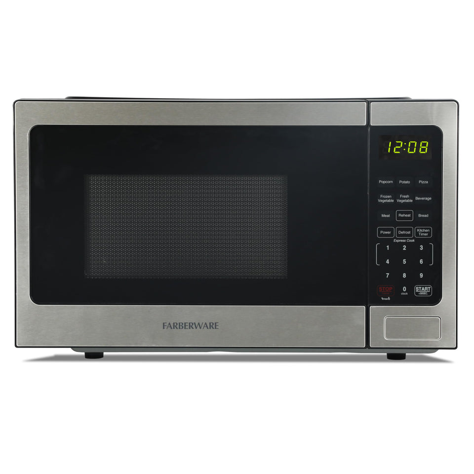 Farberware microwave front view in stainless steel, ideal for small kitchens and dorm rooms