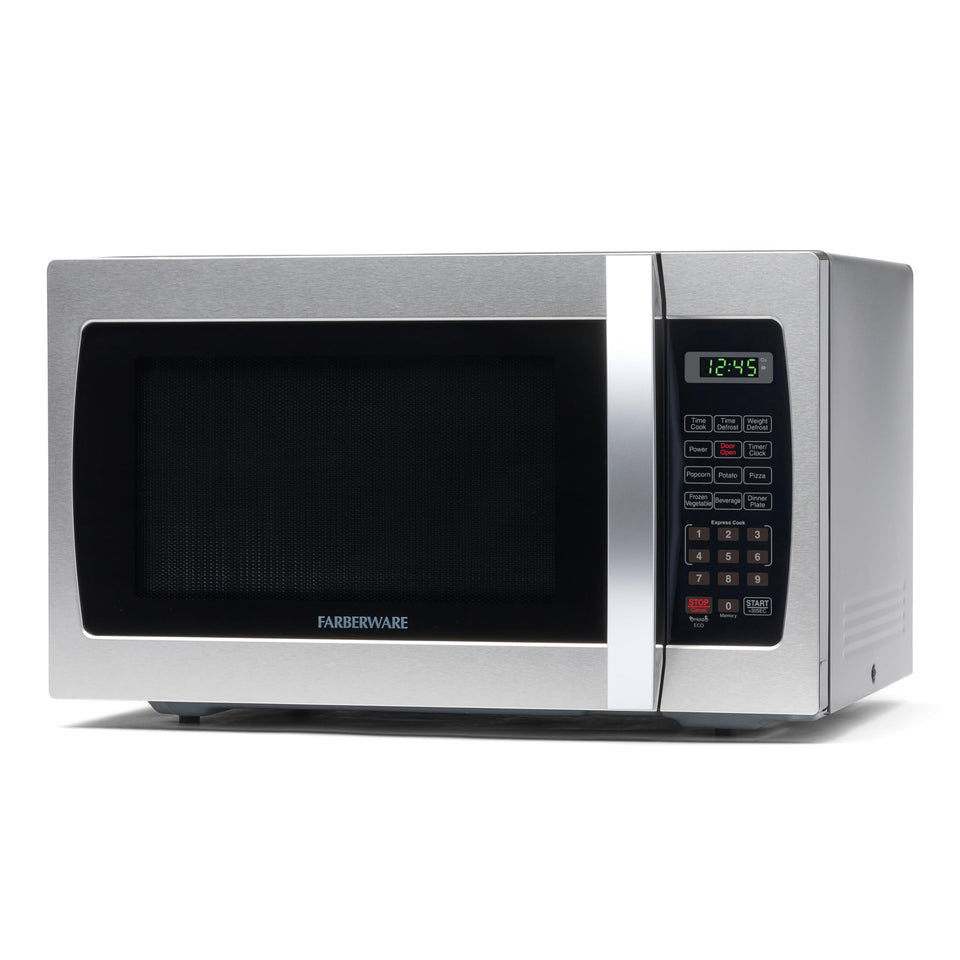 Farberware microwave front view showcases compact counter design for small spaces.