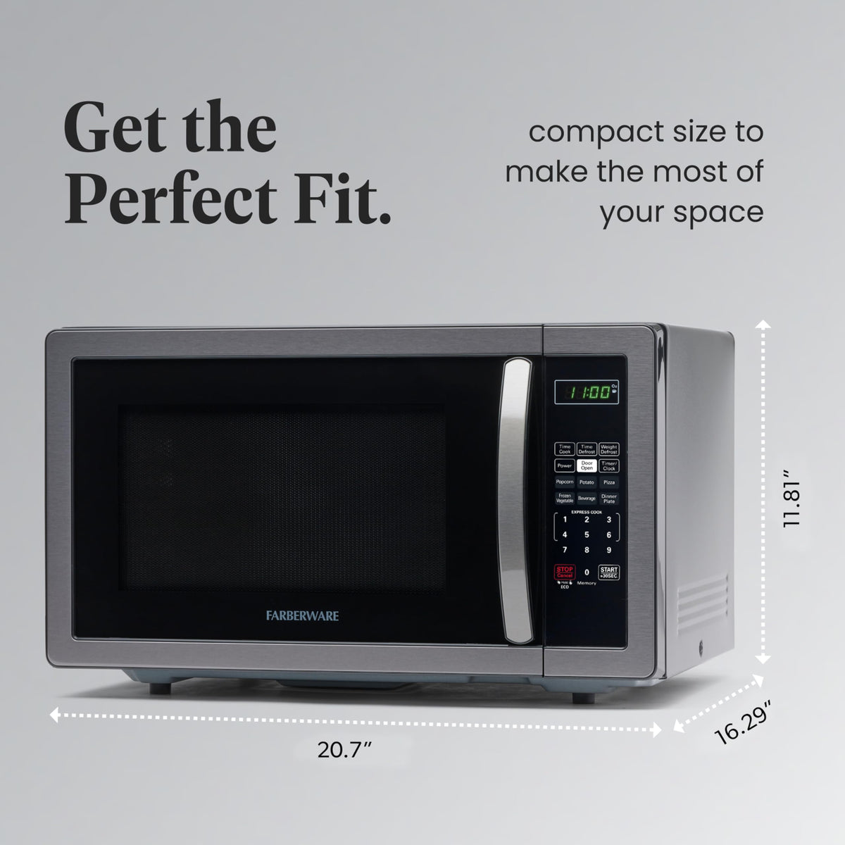 Farberware microwave interior lighting highlights the cooking cavity for easy viewing.