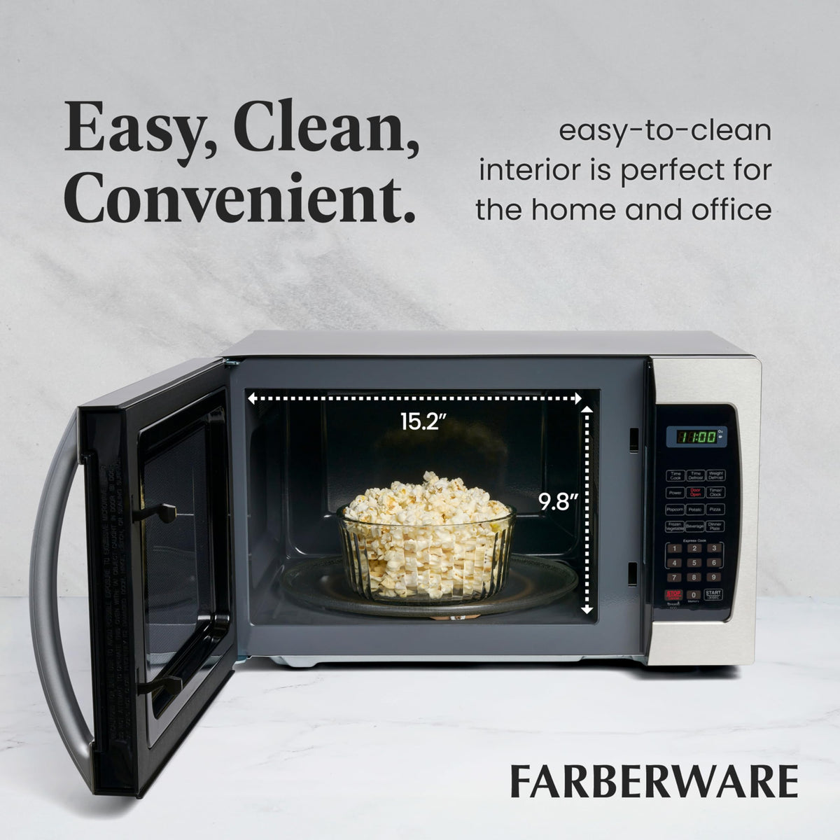 Farberware microwave interior light helps monitor cooking progress.