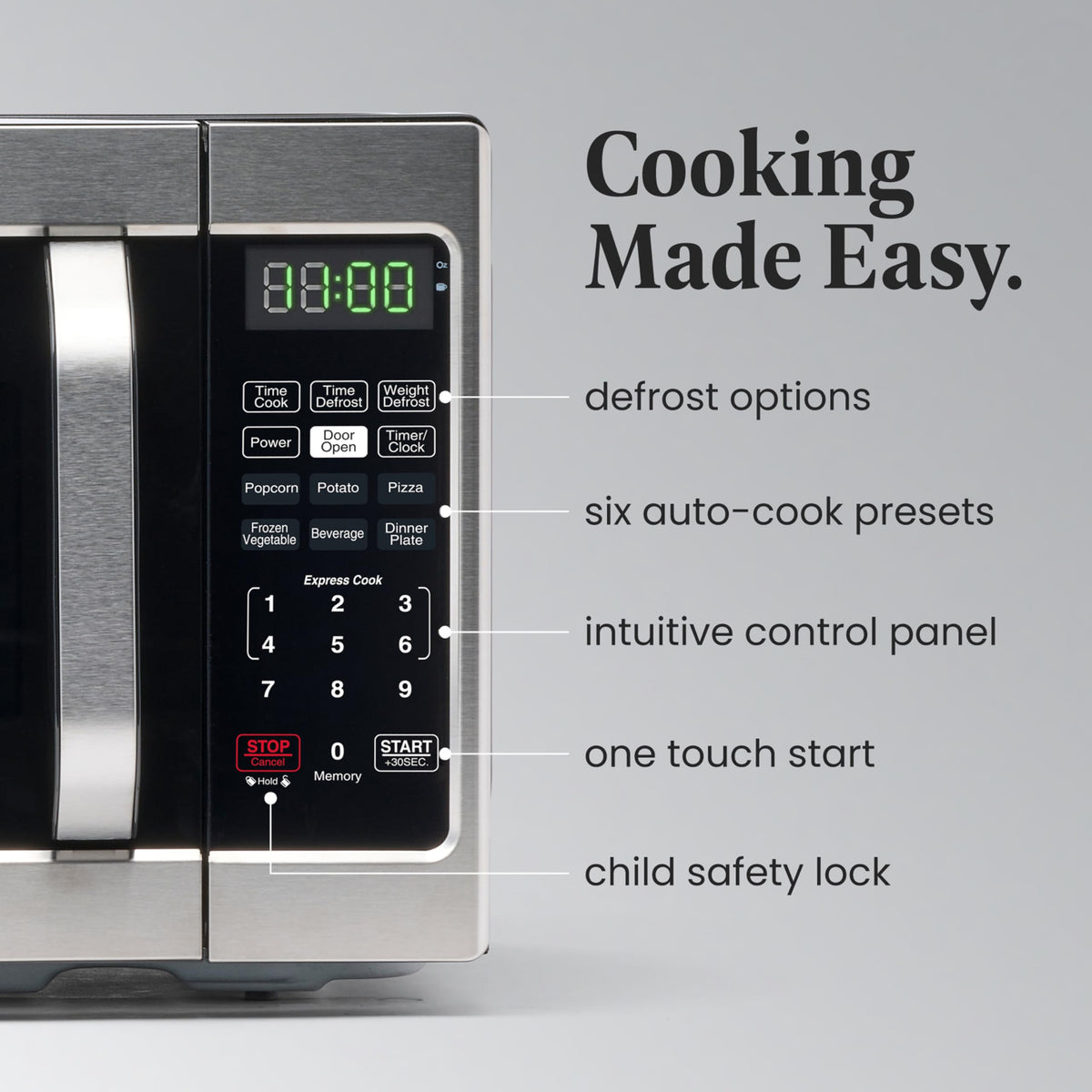 Farberware microwave features six one-touch programs for fast meals.