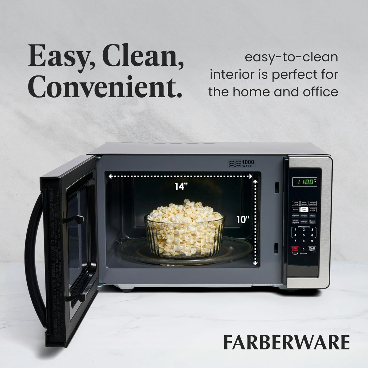 Farberware microwave six one-touch programs for quick reheat and cook options.
