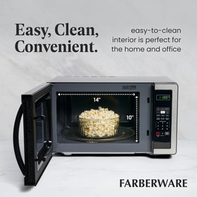 Farberware microwave six one-touch programs for quick reheat and cook options.