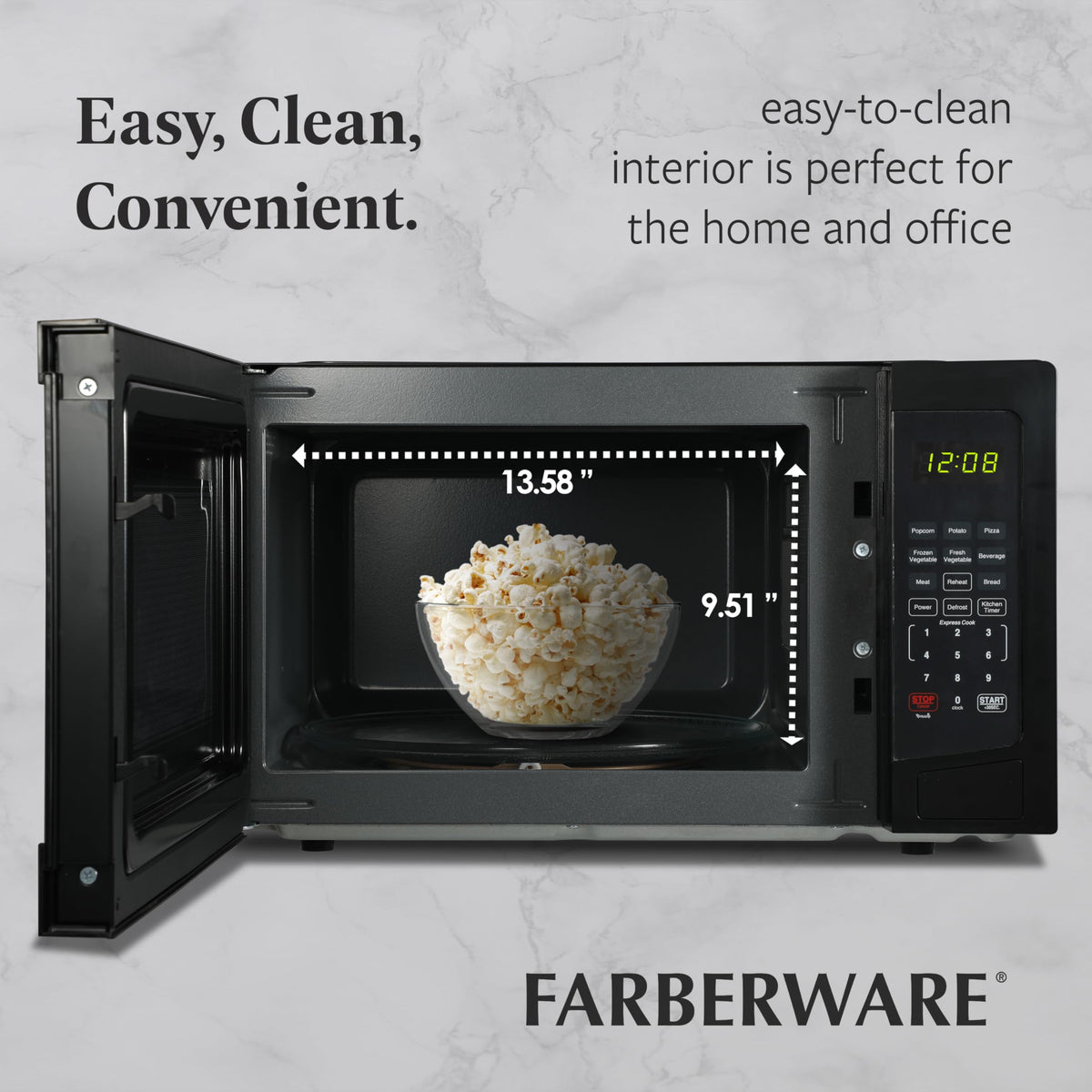 Farberware microwave rotate turntable ensures even cooking with a 12.4-inch glass plate.