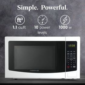 Farberware microwave with rotating 12.4 inch turntable enables even heating across foods.