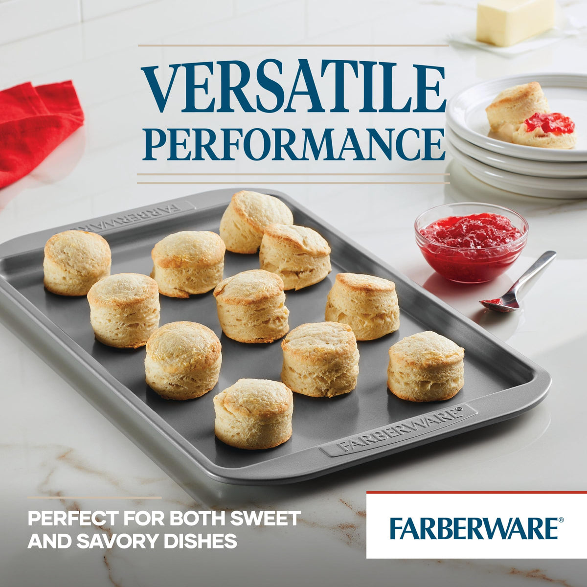 Farberware 3-piece cookie pan set 11x17 provides versatile bake-space for sheet meals.