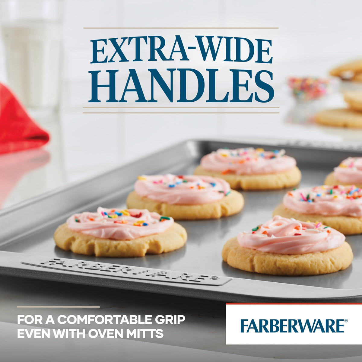 Farberware nonstick bakeware even-browning helps achieve consistent cookie edges.