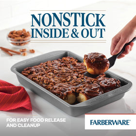 Farberware nonstick interior and exterior aids easy release and quick cleanup.