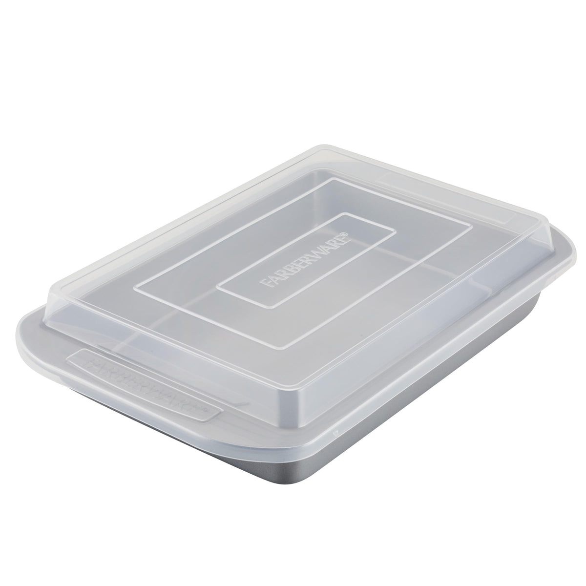 Farberware nonstick bakeware pan with lid, closed for easy transport of baked goods.