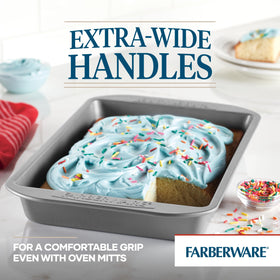 Farberware oven-safe pan up to 450°F for reliable baking performance.