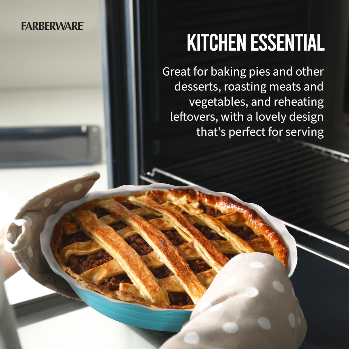 Farberware Bakers Advantage pie dish demonstrates easy hand wash cleanup and durable design.