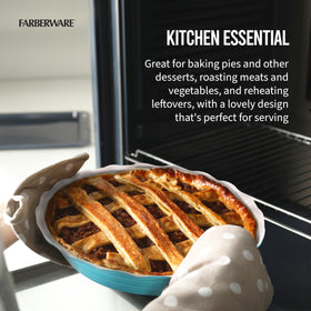 Farberware Bakers Advantage pie dish demonstrates easy hand wash cleanup and durable design.