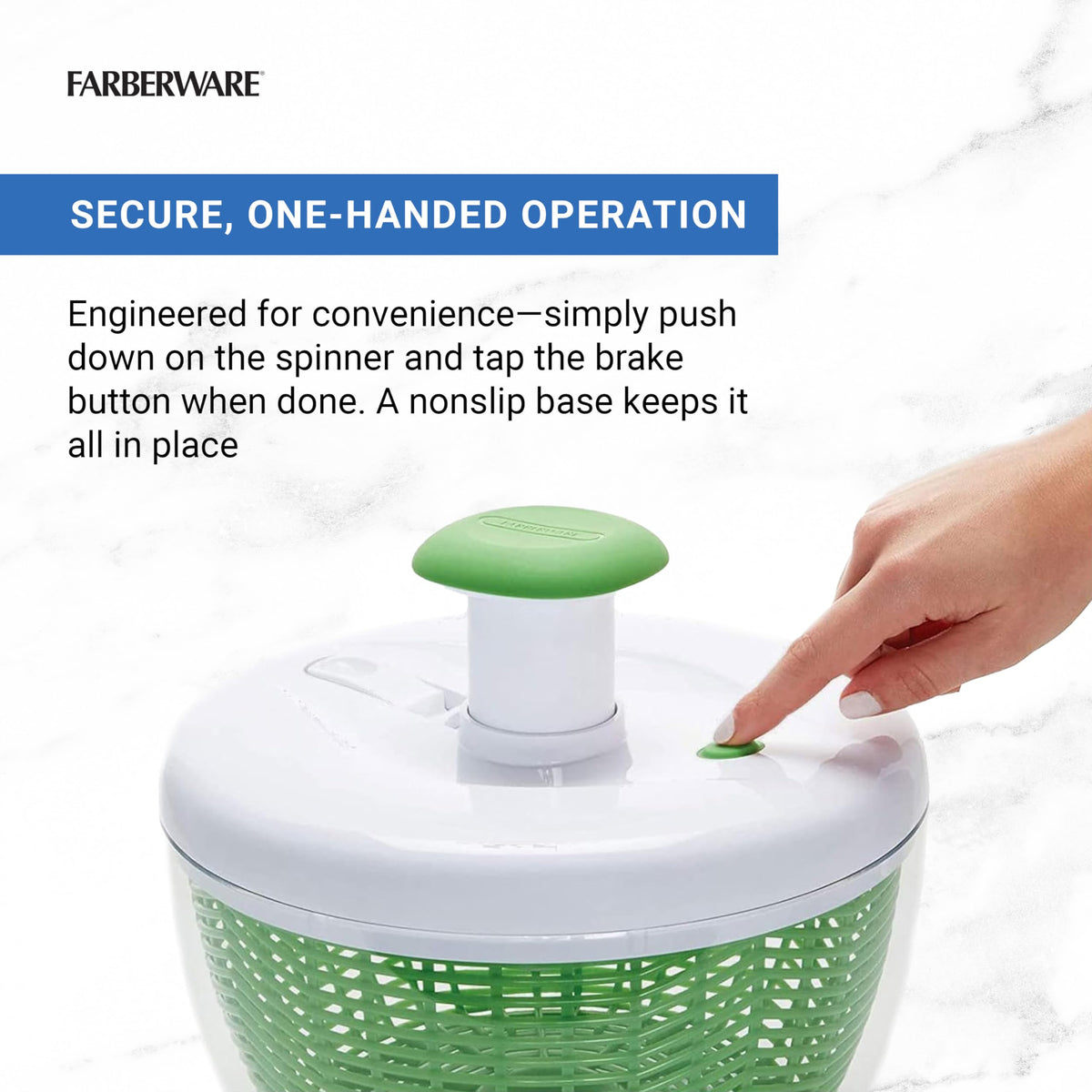 Farberware Pro Pump Salad Spinner soft-touch pump in use