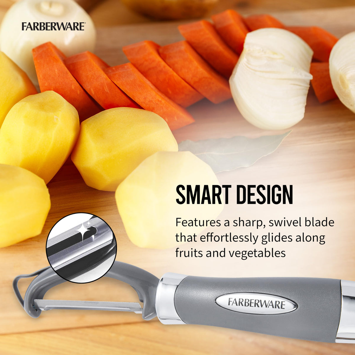 Farberware Pro2 Euro Peeler built-in bud remover removes eyes and blemishes.