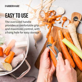 Farberware Pro2 Euro Peeler rust-resistant blade and dishwasher-safe design.