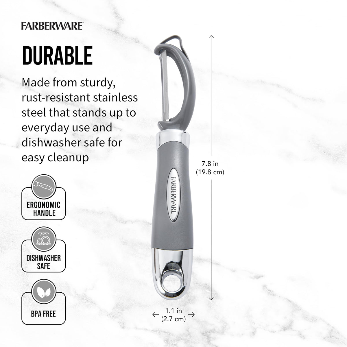 Farberware Pro2 Euro Peeler swiveling blade following fruit contours.