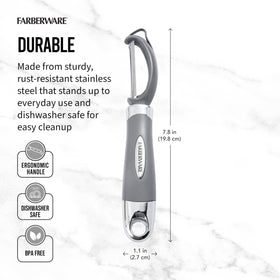 Farberware Pro2 Euro Peeler swiveling blade following fruit contours.