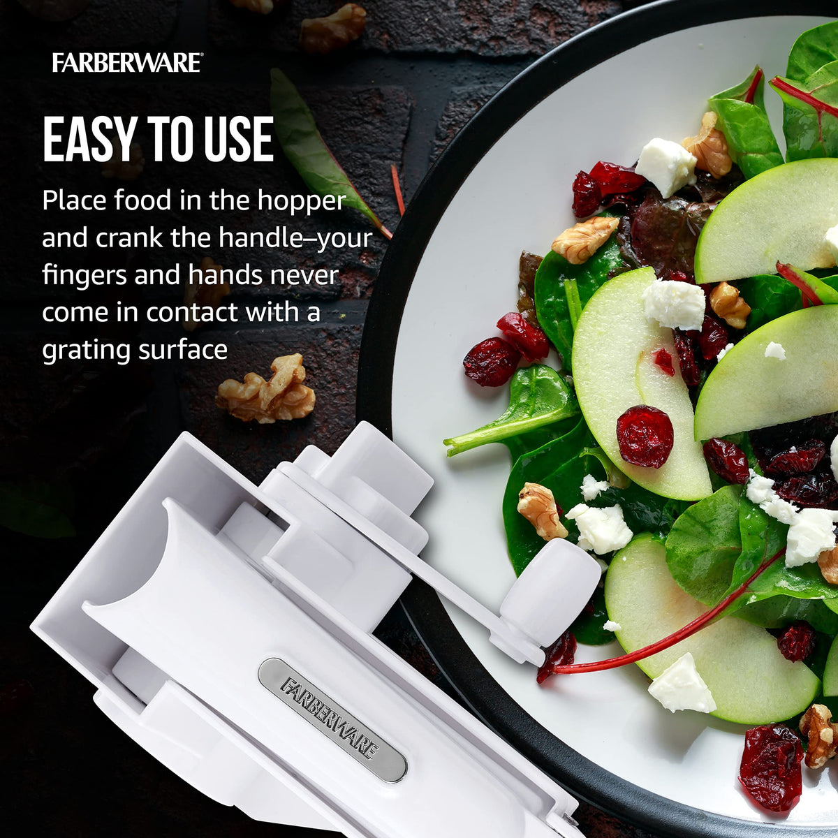 Detachable drum and knob on Farberware grater for thorough cleaning.