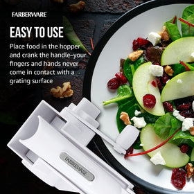Detachable drum and knob on Farberware grater for thorough cleaning.