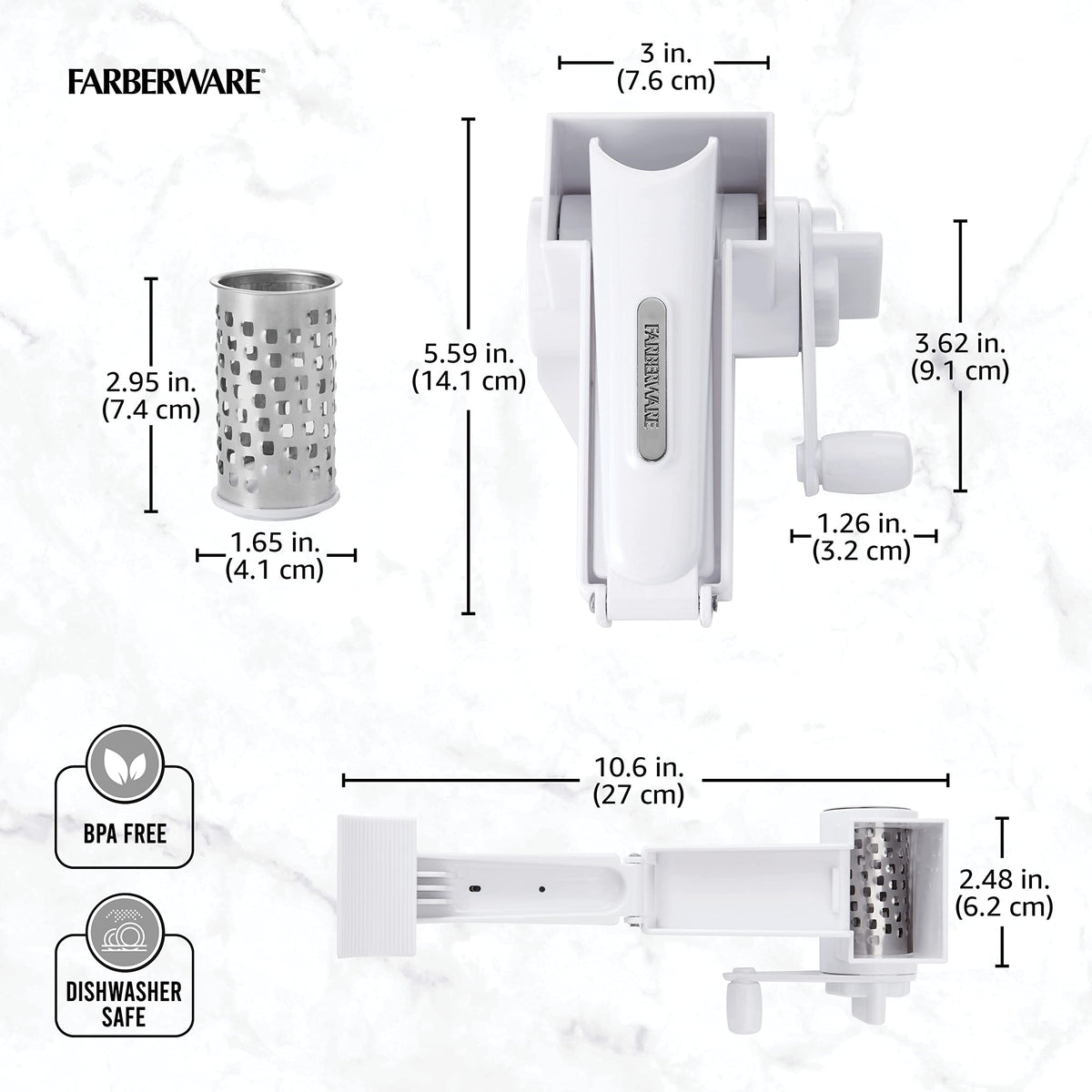 Etched razor blade on Farberware rotary grater for precise shredding.