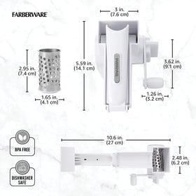 Etched razor blade on Farberware rotary grater for precise shredding.