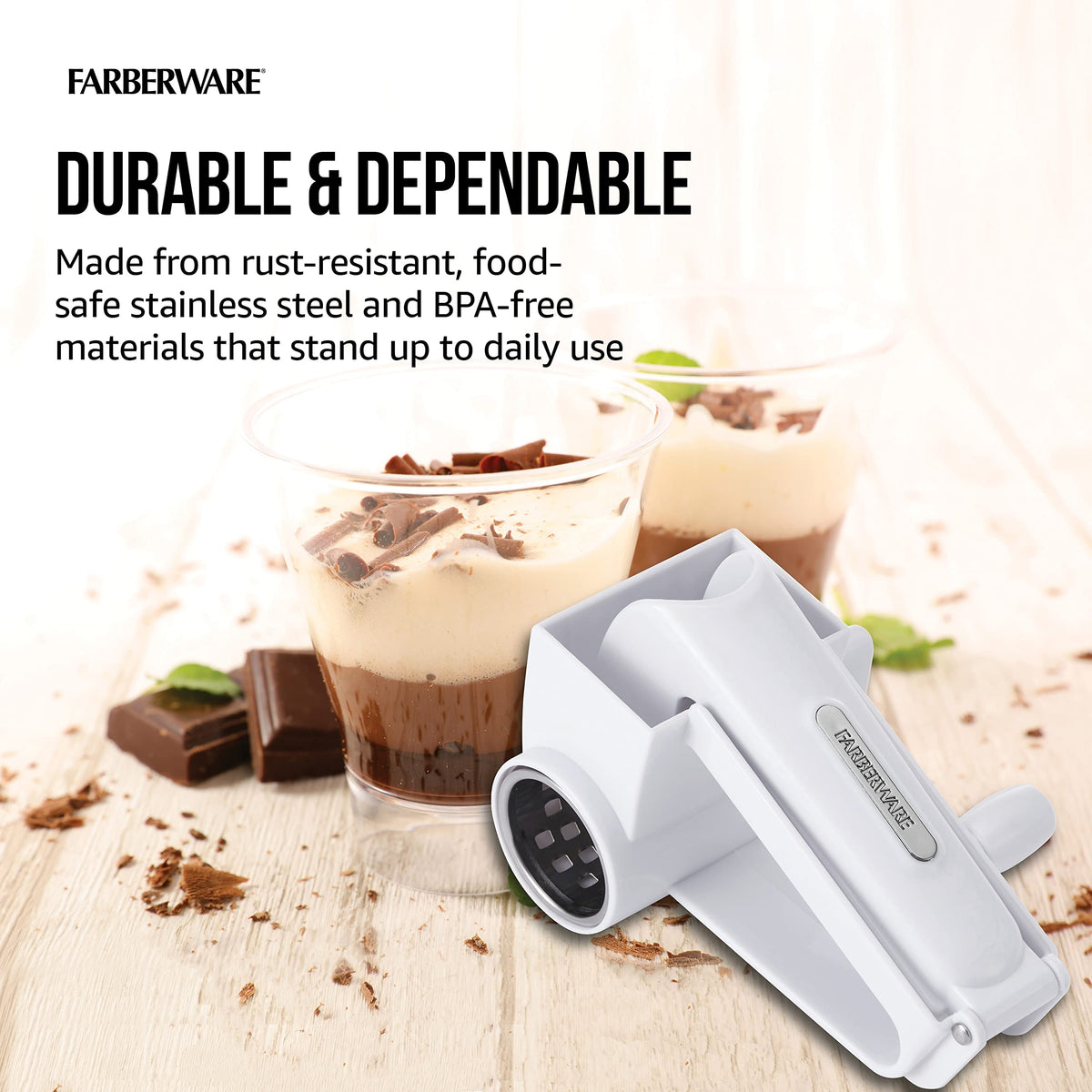 Grater shredding nuts and chocolate on Farberware drum.
