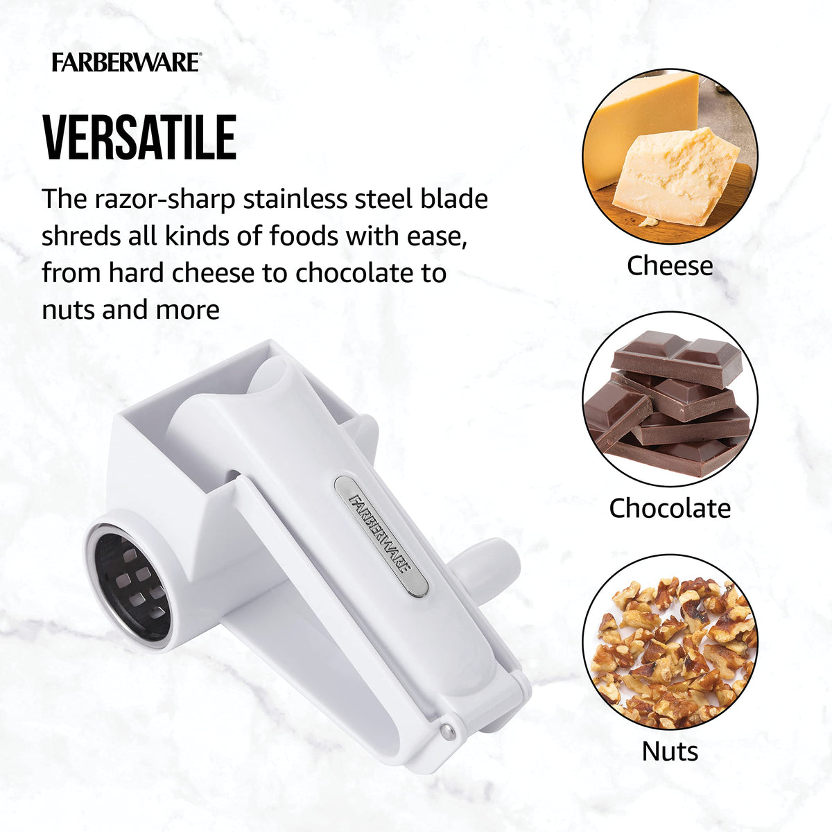 White plastic housing of Farberware rotary grater with durable parts.