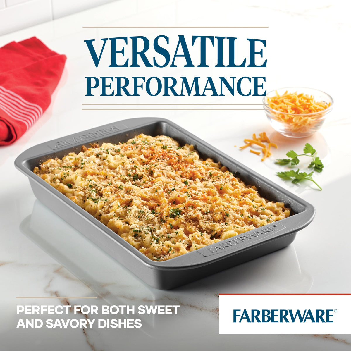 Farberware 9x13 gray rectangle bake pan highlighting uniform browning.
