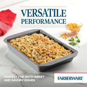 Farberware 9x13 gray rectangle bake pan highlighting uniform browning.