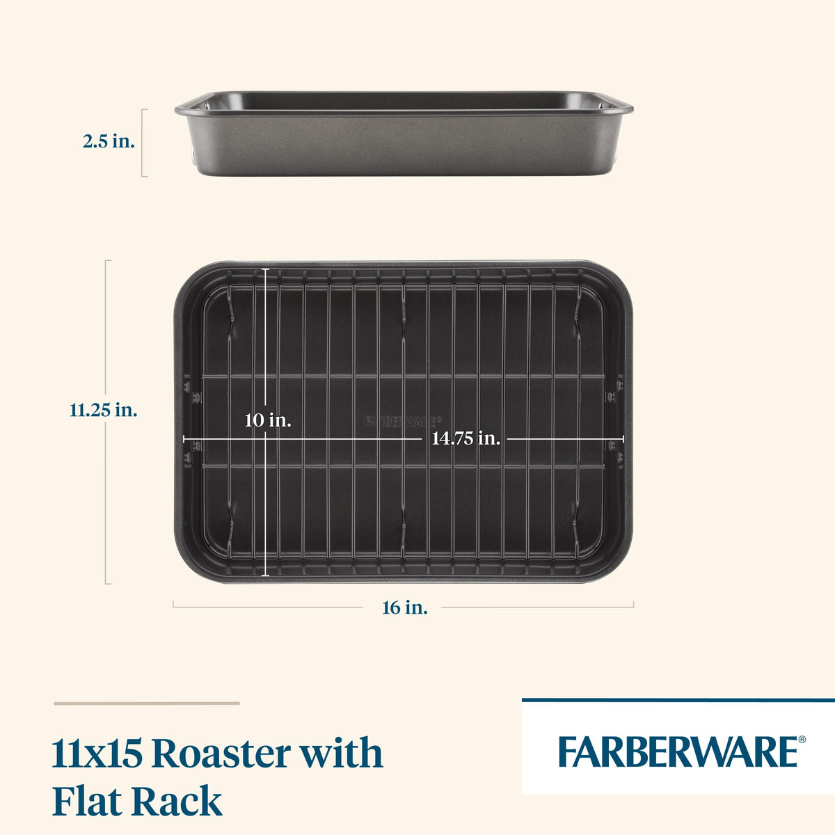 Farberware roaster with chrome-plated flat rack removable for fat drainage.