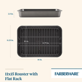 Farberware roaster with chrome-plated flat rack removable for fat drainage.