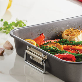 Farberware roaster in oven shows convenient kitchen setup.