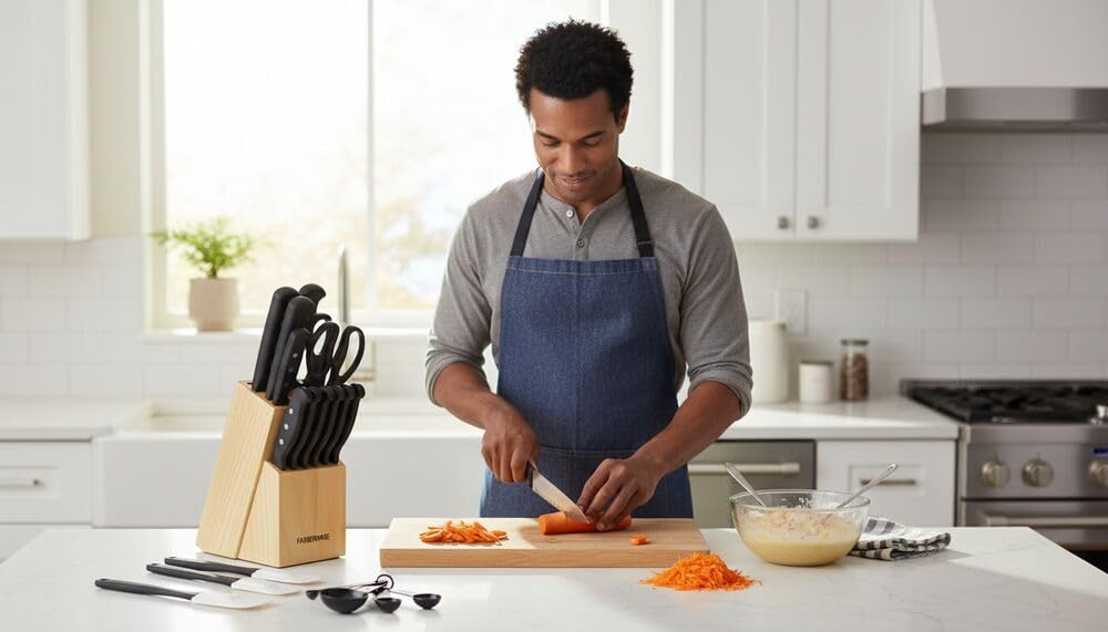 Farberware 5.5-inch serrated utility knife for tearing through crusts and tomatoes.