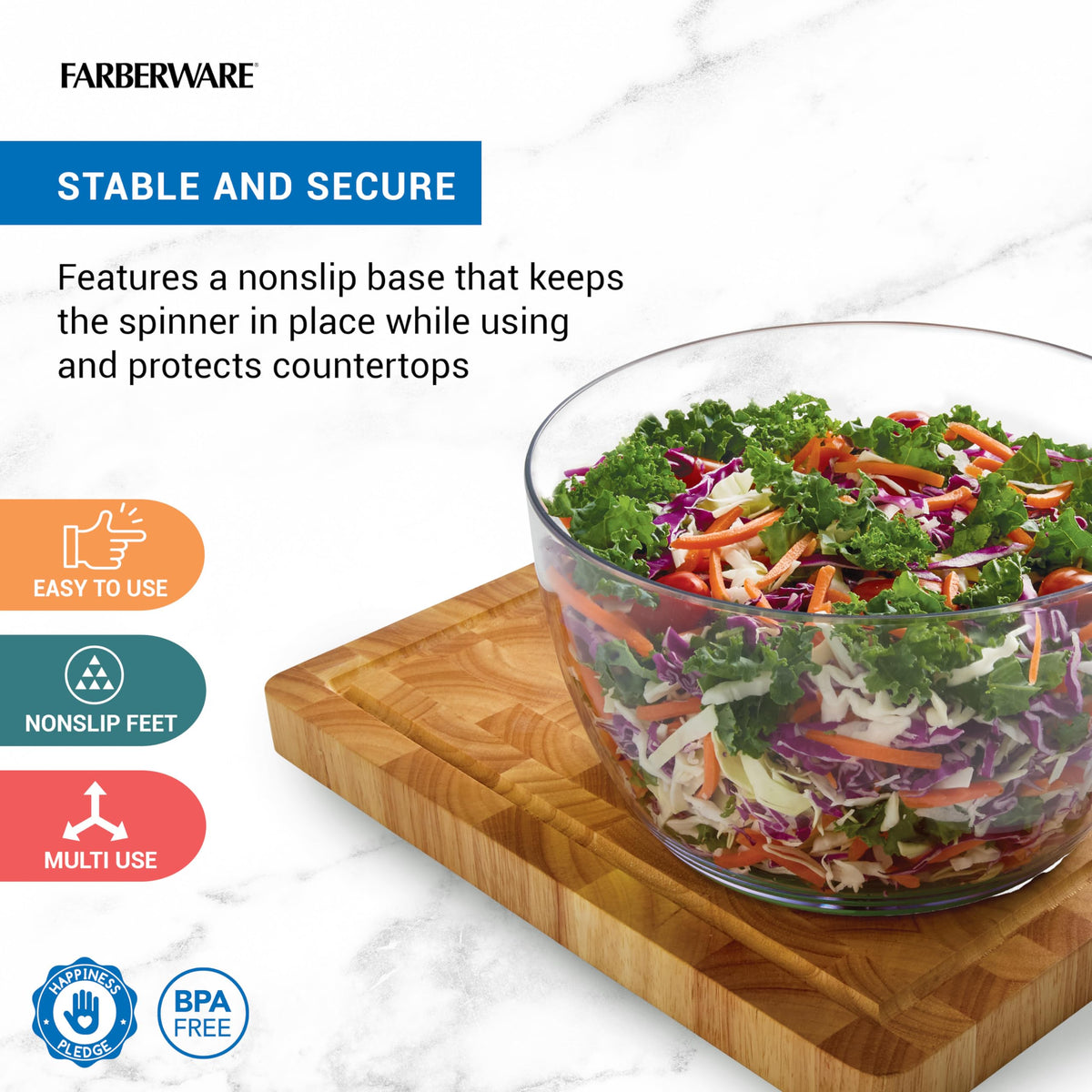 Farberware Small Pro Salad Spinner pump-action in use for quick drying