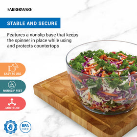 Farberware Small Pro Salad Spinner pump-action in use for quick drying