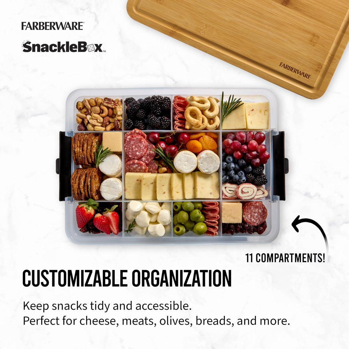 Farberware Snacklebox eleven-compartment layout keeps snacks organized.