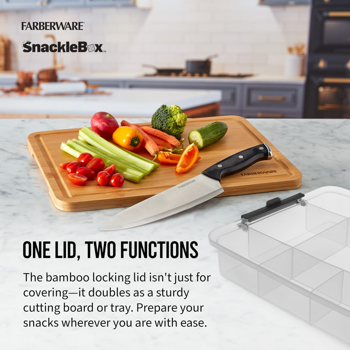 Farberware Snacklebox charcuterie-layout supports varied snack assortments.