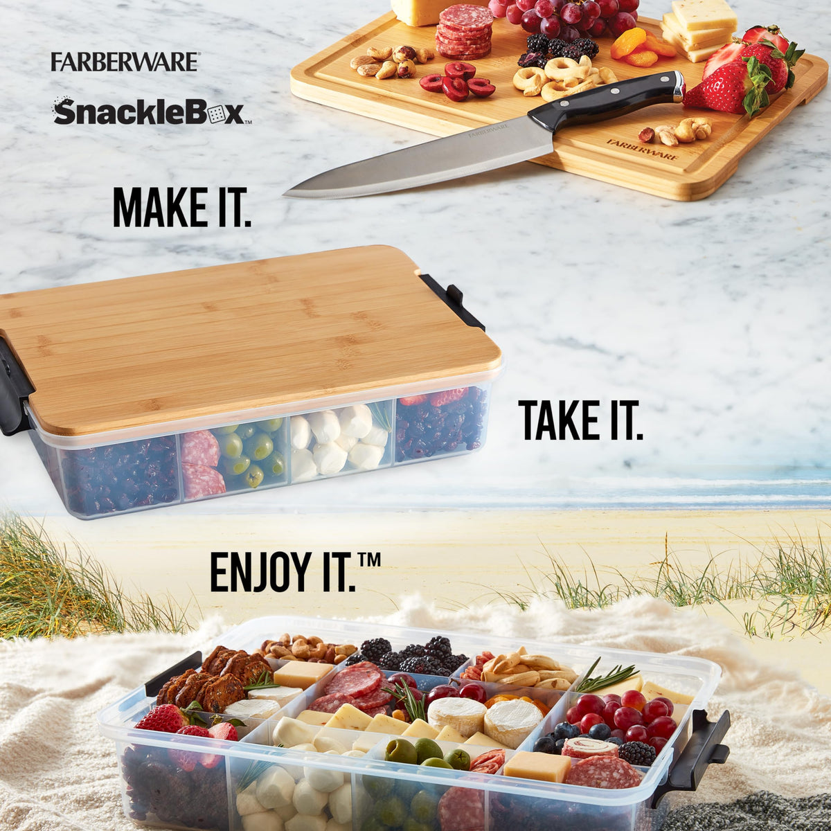 Farberware Snacklebox cutting-board-lid doubles as on-the-go prep surface.