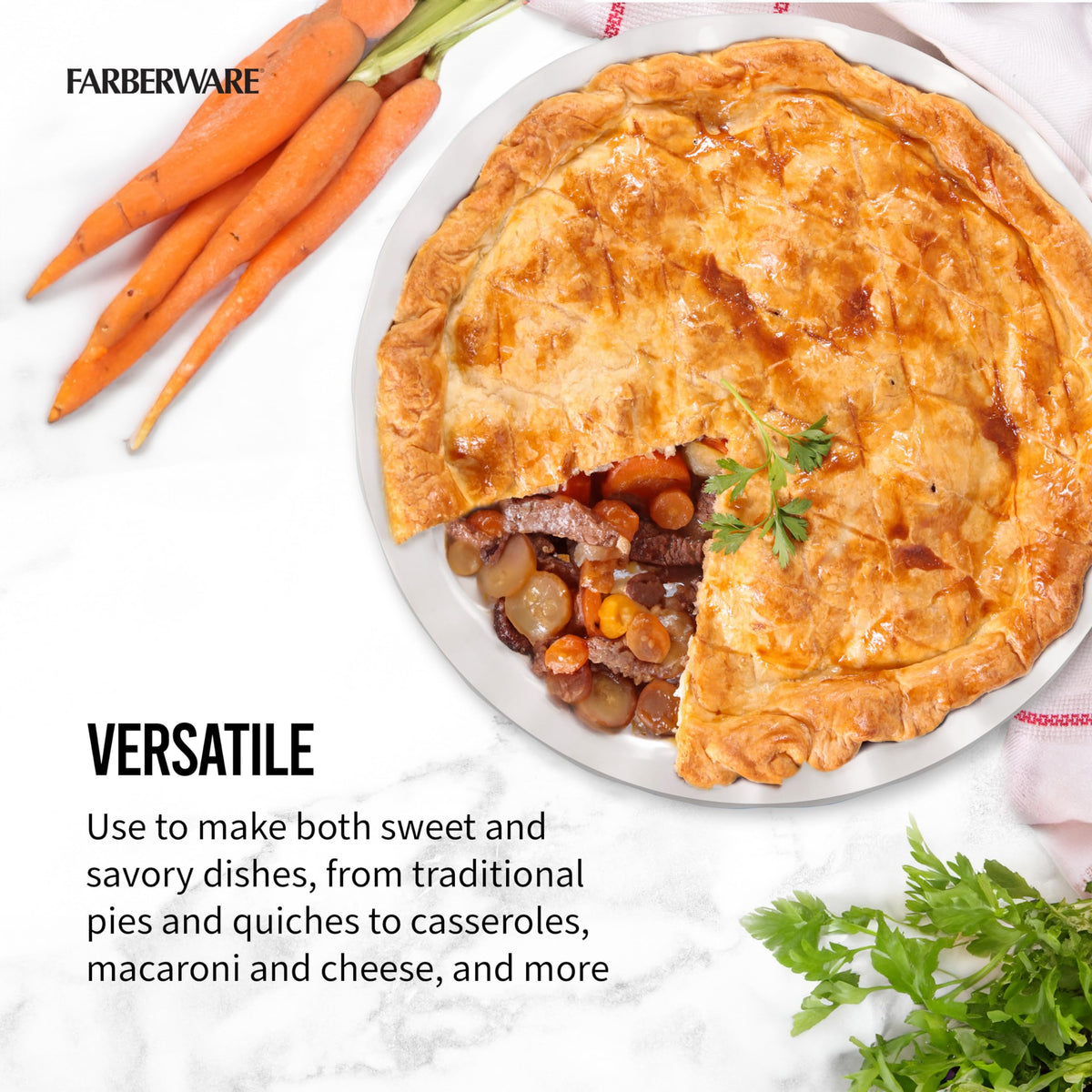 Farberware stoneware pie plate delivers even heating for perfect crusts.