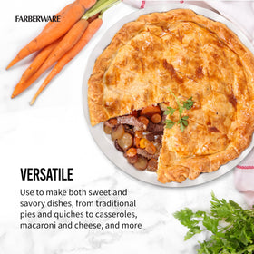 Farberware stoneware pie plate delivers even heating for perfect crusts.