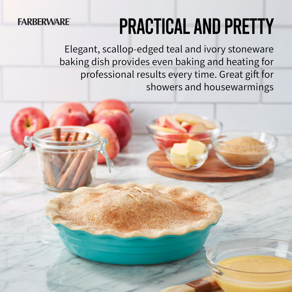 Farberware Bakers Advantage pie dish close-up shows two-tone glaze and scalloped edge.