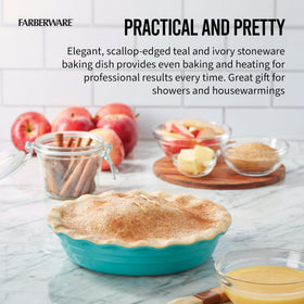 Farberware Bakers Advantage pie dish close-up shows two-tone glaze and scalloped edge.