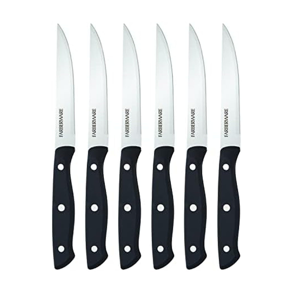Farberware 6-piece steak knife set with triple rivets for precise meat slicing.