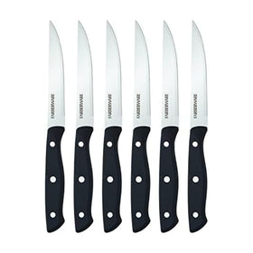 Farberware 6-piece steak knife set with triple rivets for precise meat slicing.
