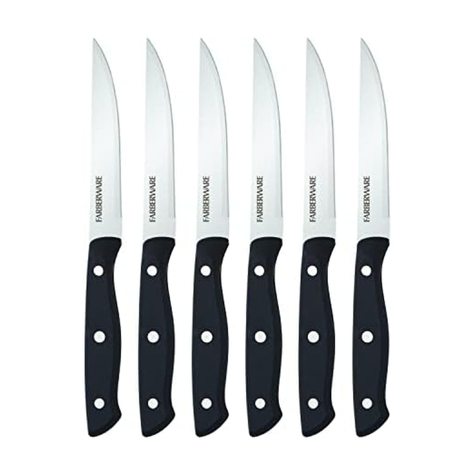 Farberware 6-piece steak knife set with triple rivets for precise meat slicing.