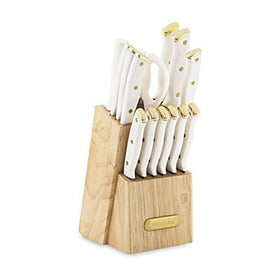 Farberware white and gold knife block set arranged in a natural wood block for organized storage