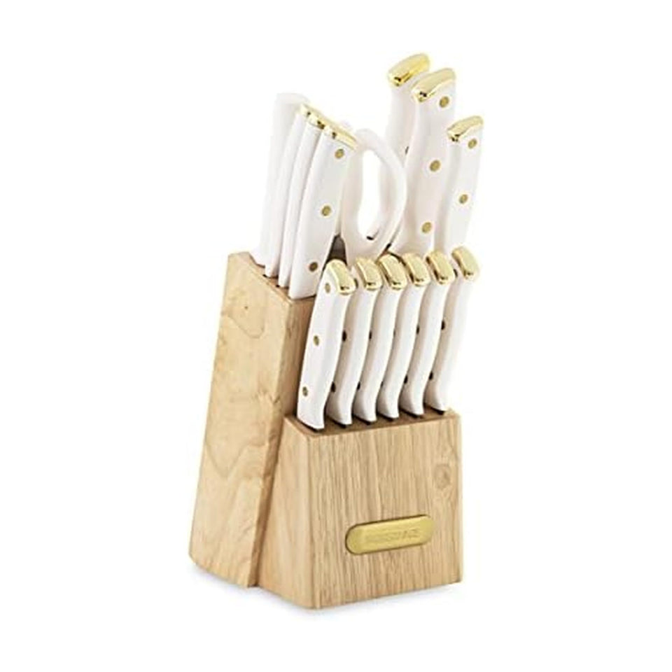 Farberware white and gold knife block set arranged in a natural wood block for organized storage
